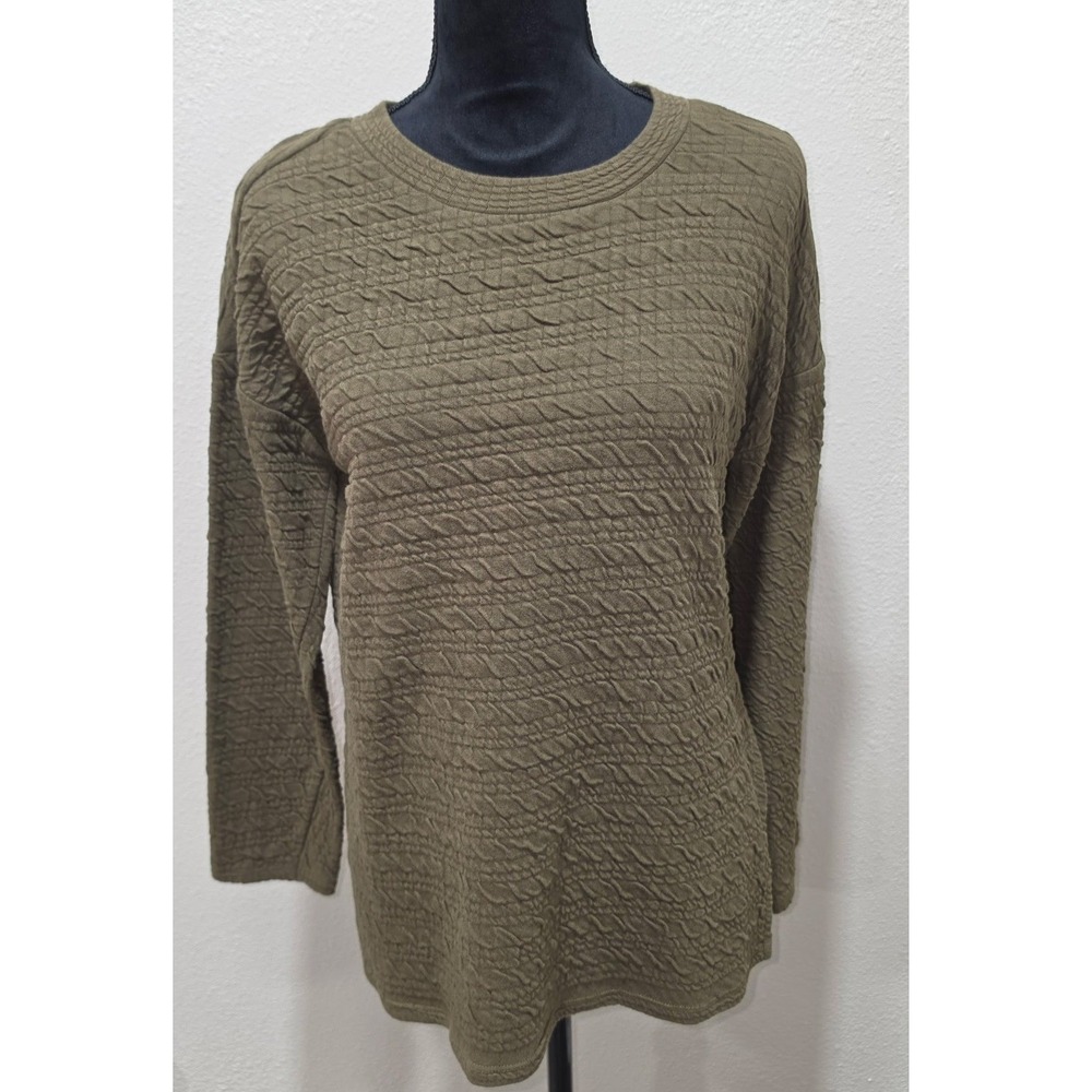 Zara Trafaluc Olive Green Textured Knit Long Sleeve Top Side Slit Size M